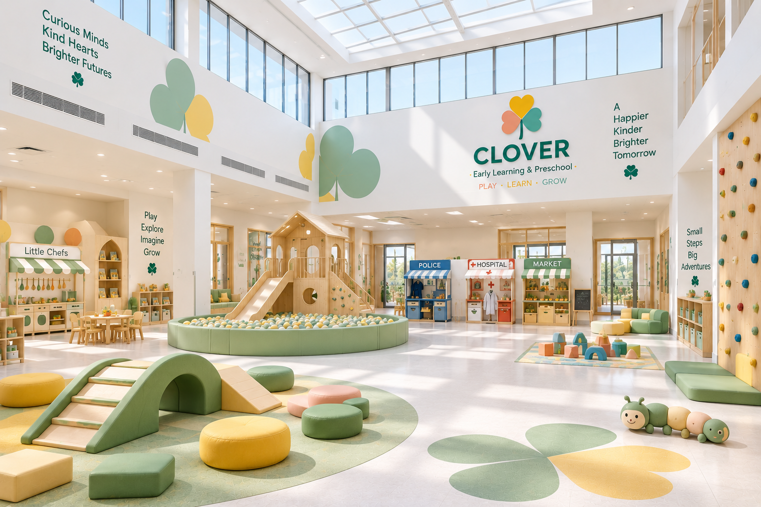 Children playing inside the 1200 sq ft indoor play hub at Clover